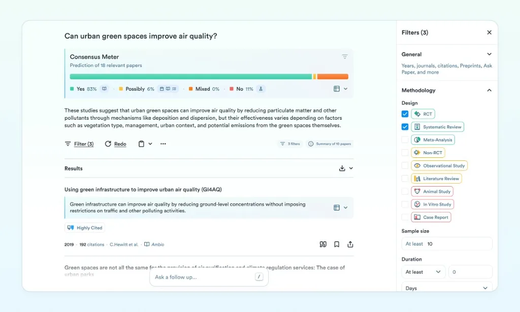 Consensus answering 'Can urban green spaces improve air quality?' with a Consensus Meter showing 83% yes, 6% possibly and 11% no across 18 papers, and filters for study design such as RCT and systematic review