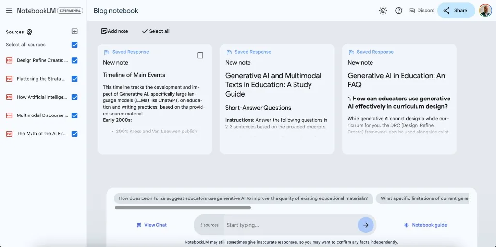 NotebookLM notebook with five PDF sources selected and saved notes generated from them: a timeline, a study guide and an FAQ