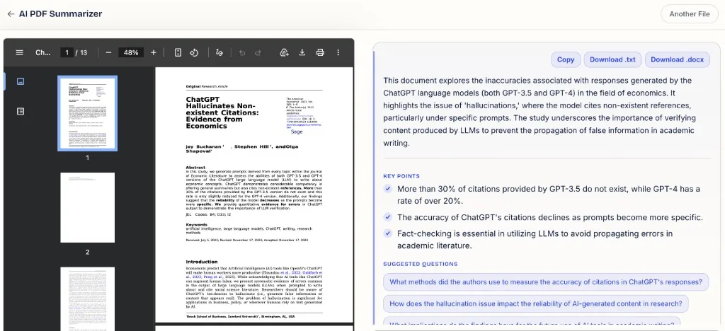 PDFSummarizer.net summarizing the paper 'ChatGPT Hallucinates Non-existent Citations: Evidence from Economics': the PDF on the left, and on the right a summary, key points such as more than 30% of GPT-3.5 citations not existing, and suggested follow-up questions