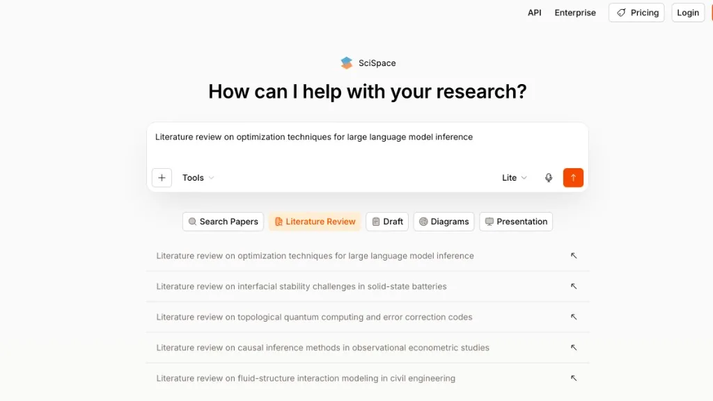 SciSpace start screen asking 'How can I help with your research?' with modes for Search Papers, Literature Review, Draft, Diagrams and Presentation
