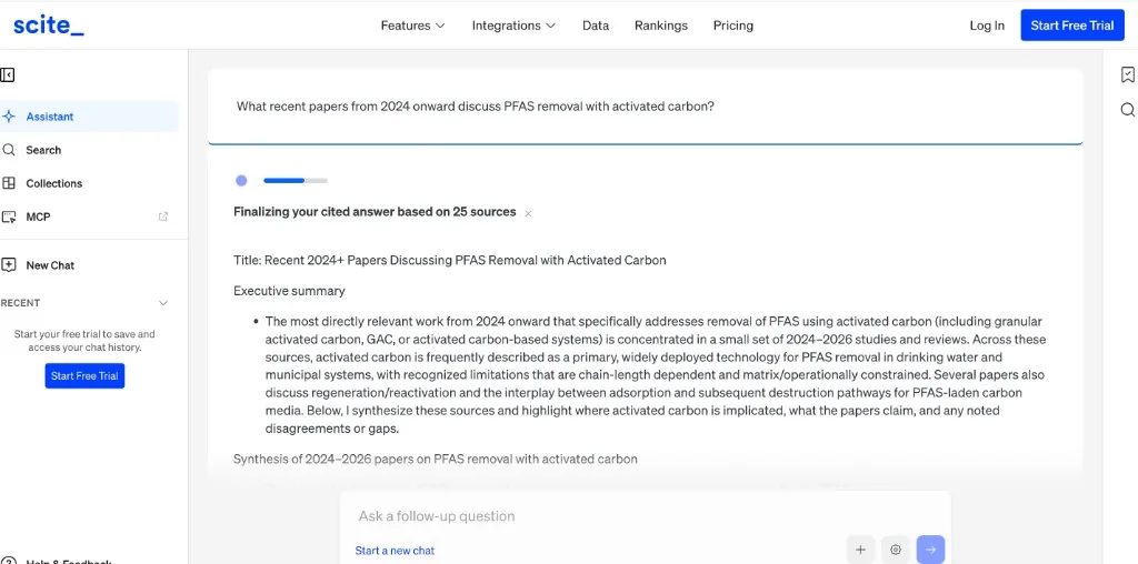 scite Assistant answering a question about 2024 papers on PFAS removal with activated carbon, building a cited answer from 25 sources