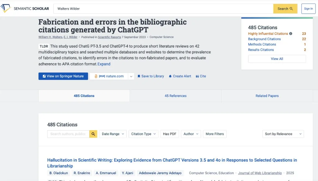 Semantic Scholar page for Walters and Wilder's 2023 paper on fabricated ChatGPT citations, with a TLDR summary, 485 citations and 23 highly influential citations